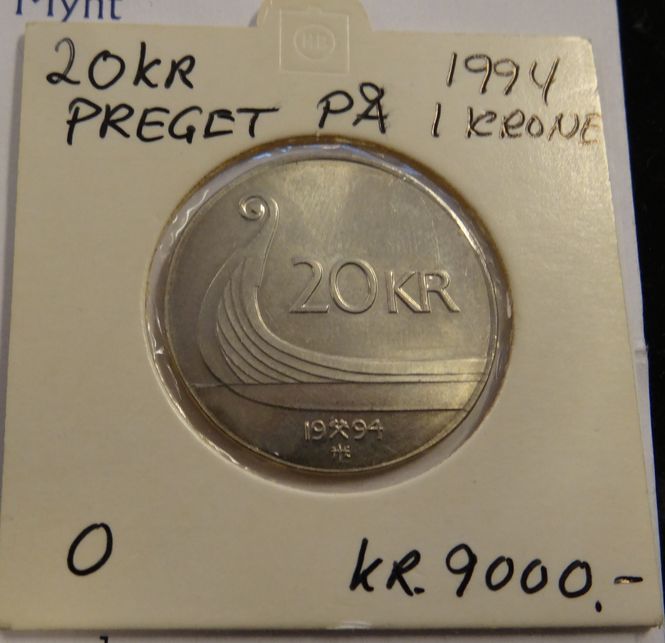 Hovedbilde 20 kr 1994 preget på en 1 Kr - rondell ved DKM