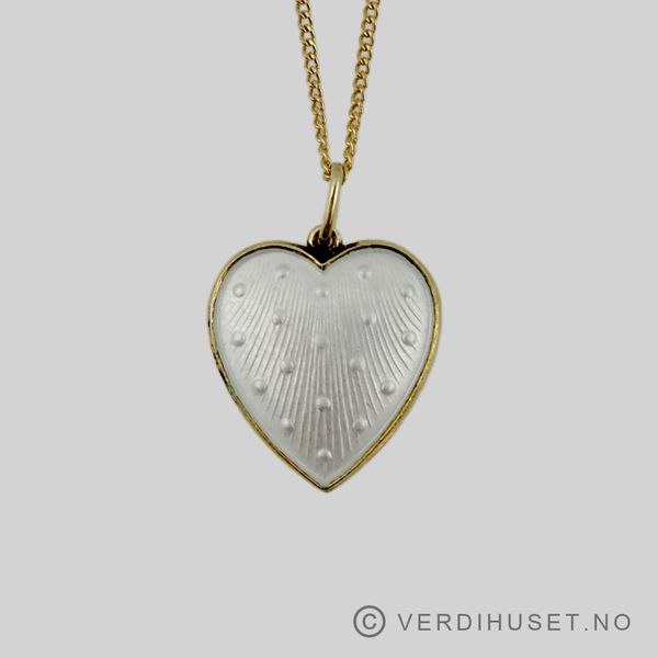 Hovedbilde Anheng/Hjerte i forgylt sølv med hvit emalje - ...