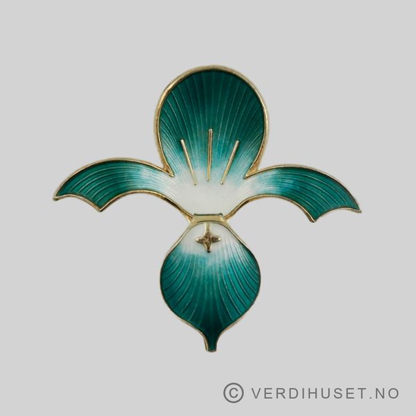 Hovedbilde Brosje i forgylt sølv med hvit og grønn emalje - ...