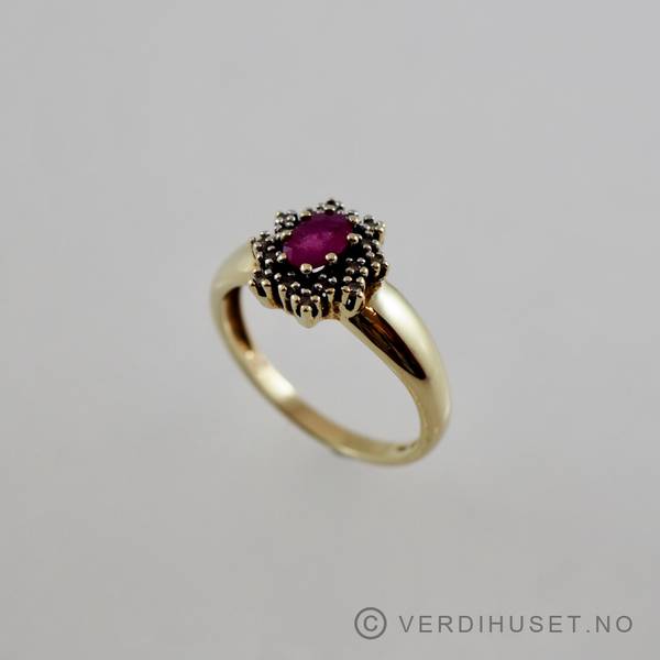 Hovedbilde Ring i 14 K gull med rød og blanke stener