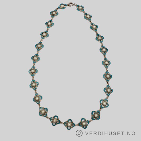 Hovedbilde Halssmykke i forgylt sølv med lys blå og hvit ...