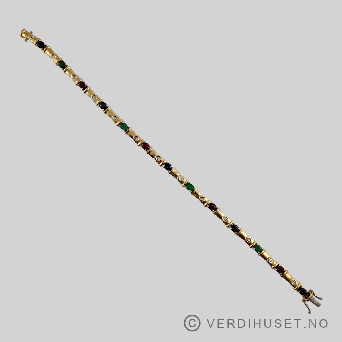 Armbånd i 18 K gull med røde, grønne, blå og blanke stener