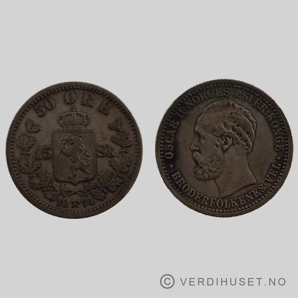 15 skilling/ 50 Øre 1874 Kv 1+