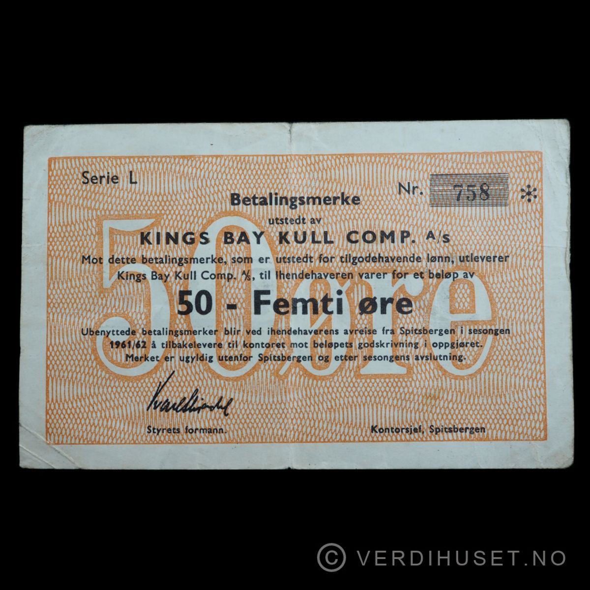 50 Øre 1961/62 serie L - RR (Kings Bay Kull Comp AS)