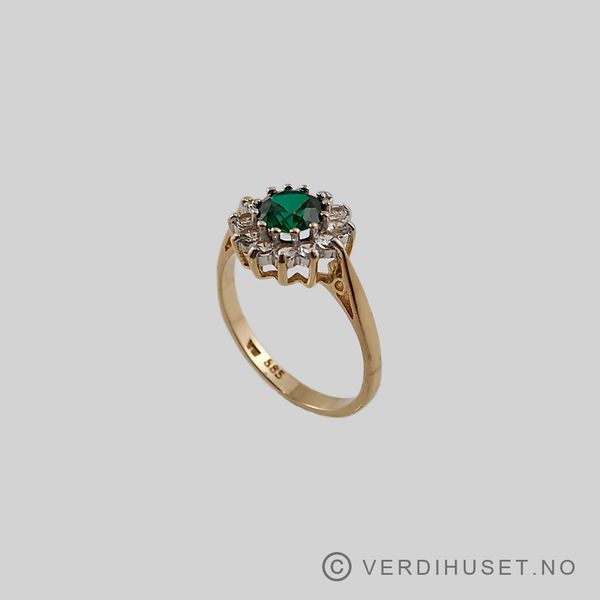 Hovedbilde Ring i 14 K gull med grønn og blanke stener