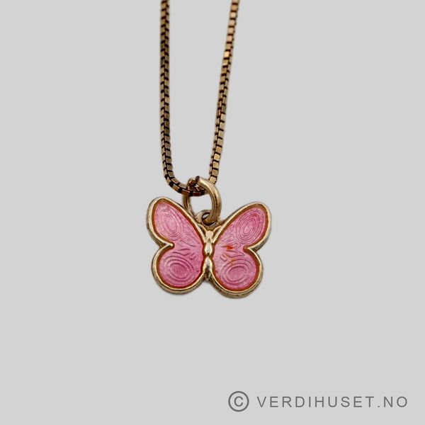 Hovedbilde Anheng/Sommerfugl i forgylt sølv med rosa emalje